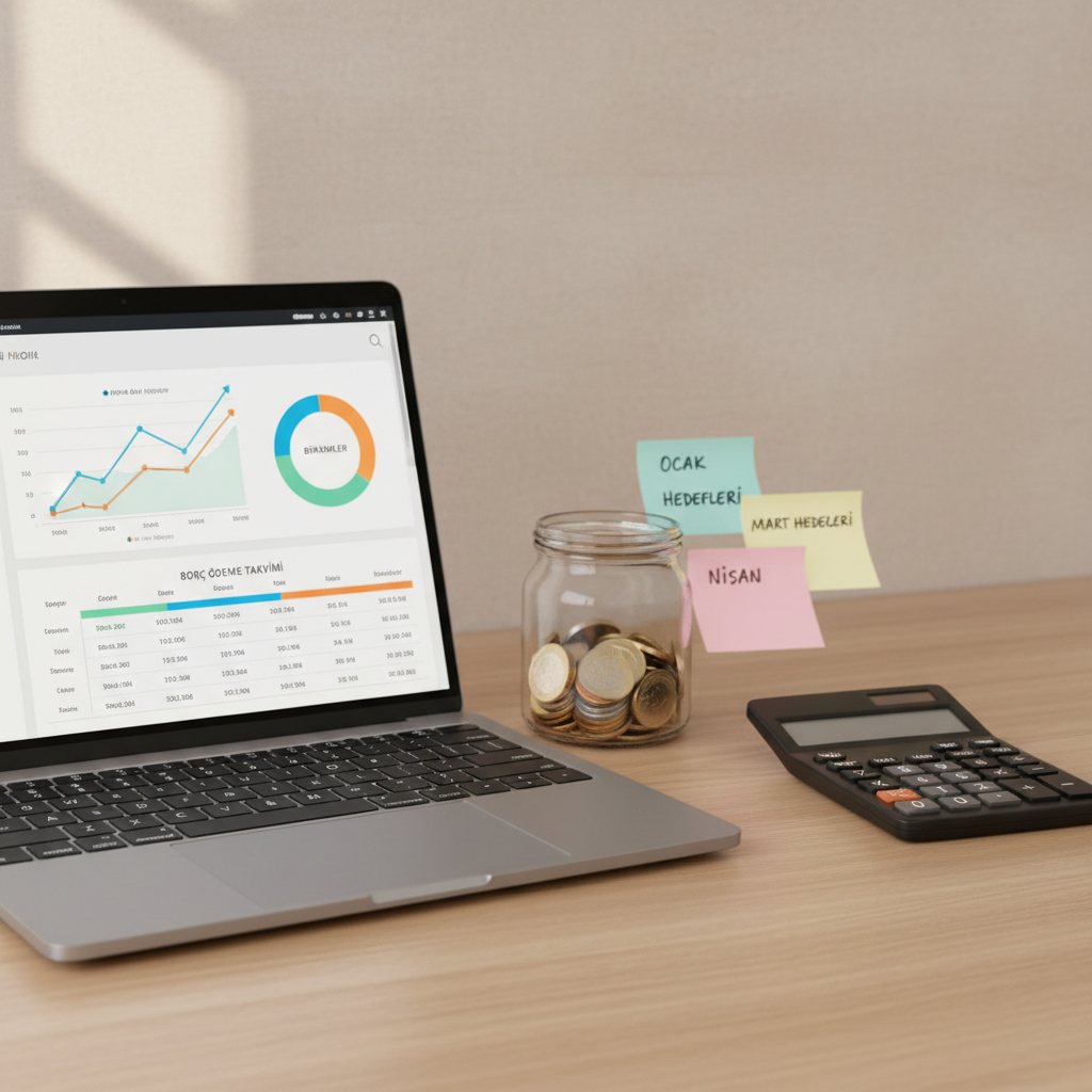 A tidy, modern workspace featuring a slim silver laptop displaying a colorful financial dashboard with rising line graphs, savings buckets, and debt payoff timelines in Turkish. Beside it, a neat stack of pastel sticky notes labeled with monthly goals leans against a matte black calculator. A minimalist glass jar half-filled with assorted Turkish lira coins stands near the laptop, symbolizing growing savings. The desk is a light oak surface against a soft, neutral wall. Morning daylight from the left creates gentle, natural reflections on the laptop screen and a calm, focused mood. Photographic realism, eye-level composition with balanced framing and subtle background blur, conveying clarity, organization, and disciplined progress on the path to financial independence.