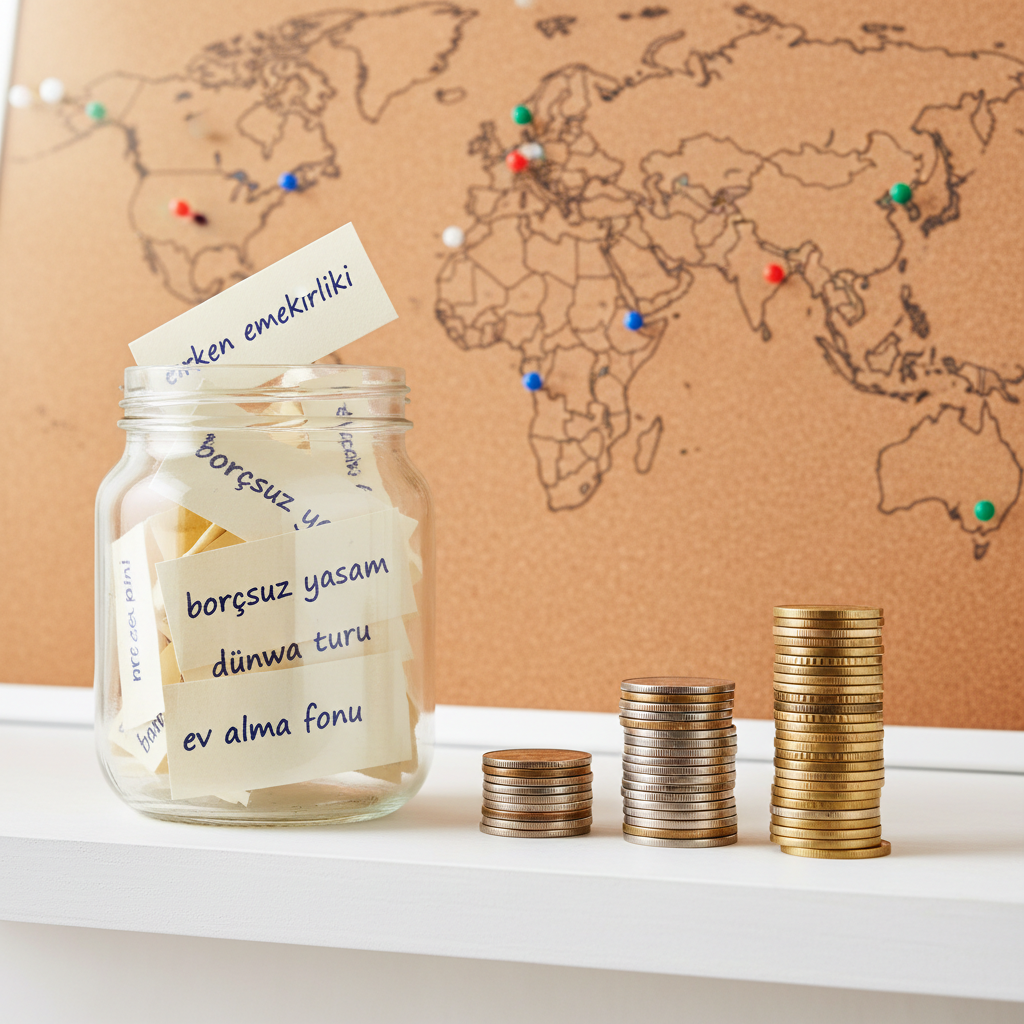 A clear glass jar overflowing with neatly folded paper slips, each labeled with different financial dreams such as “erken emeklilik”, “pasif gelir”, and “borçsuz yaşam” in careful handwriting. The jar sits on a simple white shelf next to three ascending stacks of coins, each stack taller and more polished than the previous. Behind them, a softly blurred corkboard world map is dotted with tiny colored pins, hinting at future travel funded by financial freedom. Soft, diffused daylight illuminates the scene, producing gentle highlights on the glass and coins. Photographic realism, shot at a slight side angle with shallow depth of field, creating an optimistic, visionary, and lightly aspirational mood that matches a personal financial journey.
