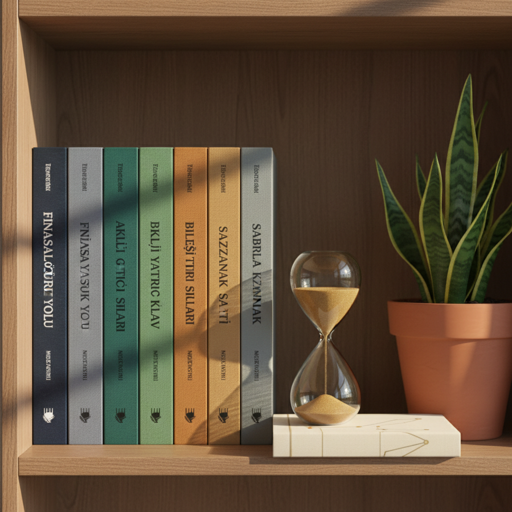 A minimalist bookshelf displaying a carefully curated row of finance and investing books in Turkish, their spines in muted blues, greens, and earthy tones. In front of the books, a small transparent hourglass with fine golden sand slowly trickles, placed on top of a closed notebook embossed with a subtle line-chart motif. A simple potted snake plant adds a touch of vivid green to the right side. Late afternoon light enters from the left, casting soft streaks and gentle shadows across the book spines, emphasizing texture and title typography. Photographic realism, composed using the rule of thirds with crisp focus throughout, evoking patience, long-term thinking, and the quiet discipline behind financial independence.
