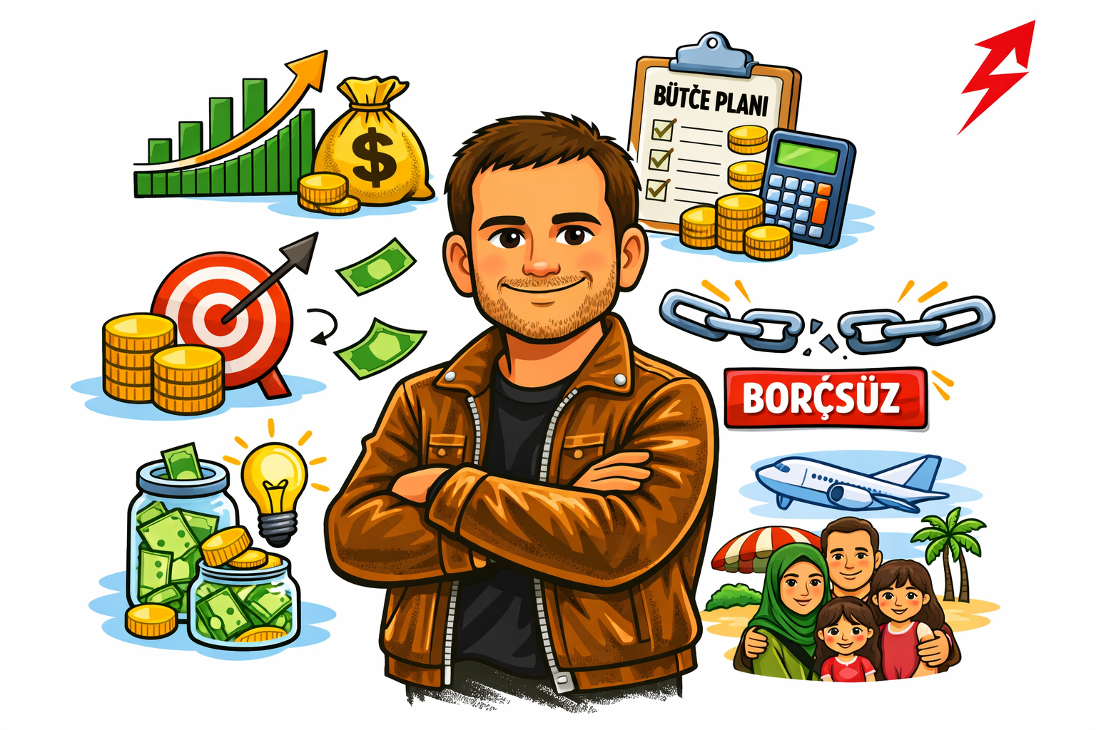 Borçsuz yaşam ve bütçe planı temalı, ailesiyle mutlu bir adamı ve para yönetimi sembollerini gösteren illüstrasyon