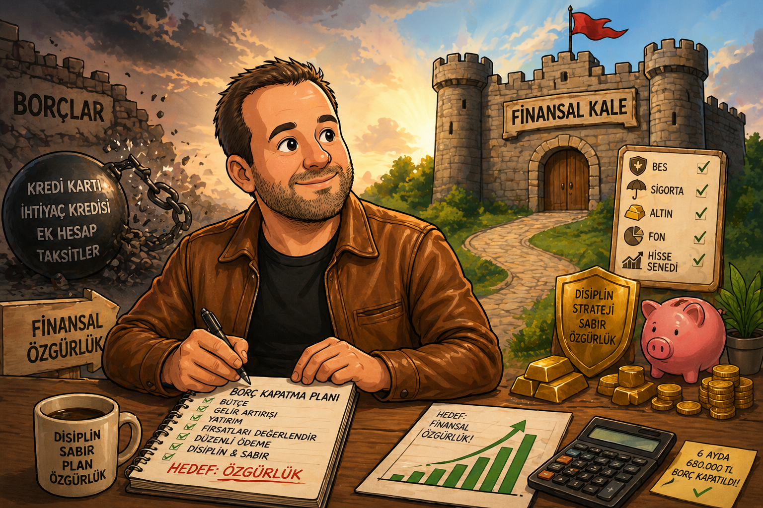 Masada borç kapatma planı hazırlayan bir adam, arka planda "Finansal Kale" yazılı bir şato ve yıkılan borç duvarı ile finansal özgürlük yolculuğunu temsil eden illüstrasyon.