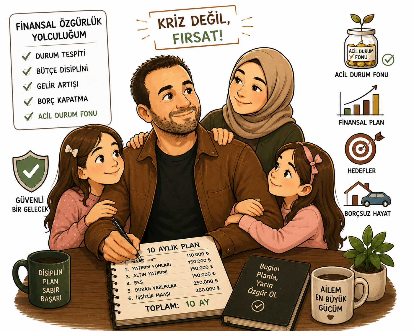 Bir baba, annesi ve iki kızıyla birlikte masada otururken finansal özgürlük planı yapıyor; etraflarında acil durum fonu, finansal plan ve borçsuz hayat gibi hedefleri anlatan illüstrasyonlar yer alıyor.